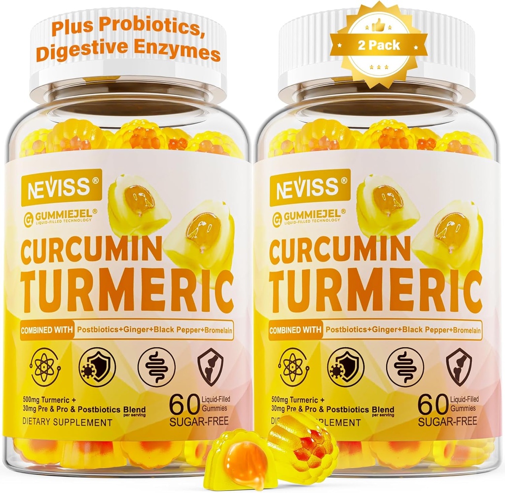 설탕 자유로운 심황 쿠르쿠민은 성인, 생강 & 까만 고추를 위한 Gummies 550mg를 채웠습니다 | 95% Curcuminoids w/Prebiotic Probiotic & Postbiotic 혼합, 지원, 면역 & 소화 건강, 채식주의자, 2Pack