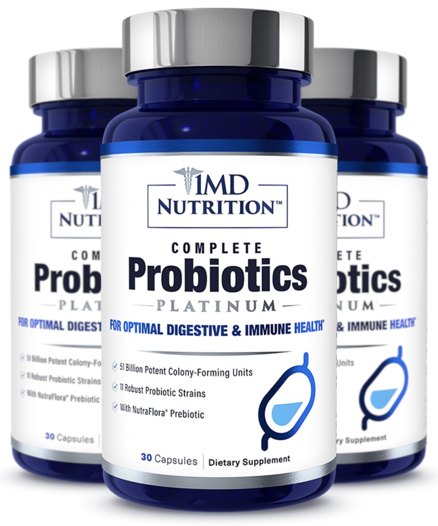 1MD Complete Probiotics Platinum | 소화 건강 지원 | Nourishing Prebiotics, 51 Billion Live CFU, 11 Strains, Dairy-Free | 30 식물성 캡슐 (3-Pack)