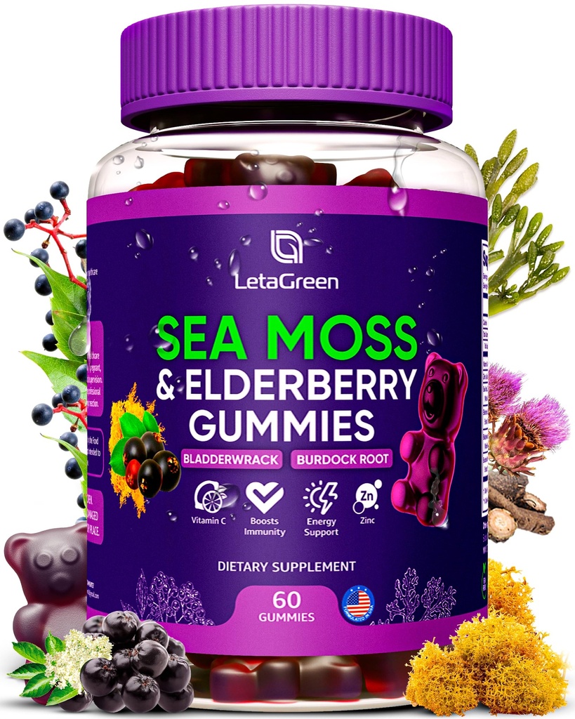아일랜드어 Sea Moss Gummies - Bladderwrack Burdock Root Elderberry 비타민 C 및 아연 - 성인 어린이 남성 여성을위한 60 Vegan Seamoss Gummy Bear - Multimineral Elderberry 비타민