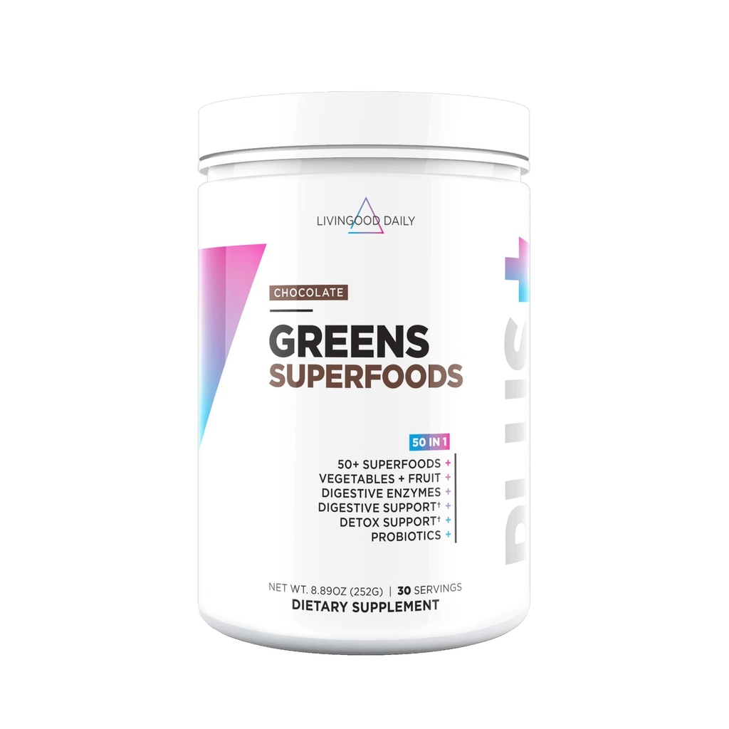 Livingood Daily Greens & Superfood Powder, Gut Health, Spirulina, Chlorella 및 Digestive Enzymes, Digestive Support, Chocolate, 30 서빙을위한 Probiotics의 초록색 주스 분말