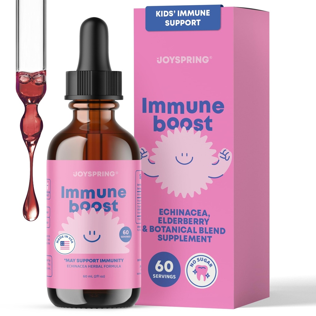 JoySpring Immune Drops - 어린이 면역 지원 액체 보충 (2 fl oz) - Echinacea, Elderberry, Oregon 포도 뿌리, 오렌지 필, 비타민 A, B6, C - 어린이 및 성인을위한 자연 지원 시스템