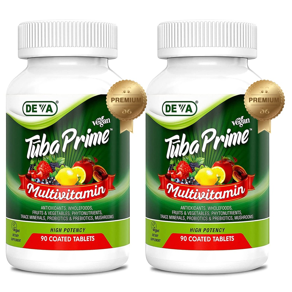 DEVA Tuba 주요한 Vegan Multivitamin 높 순수성 비타민과 무기물 규정식 보충교재 산화 방지제, 과일 및 야채 혼합, 최고 버섯, Probiotics, Prebiotics,씨, 허브 - 90의 탭, 2 팩