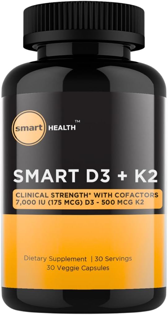 비타민 D3 + K2 - 뼈 건강 및 면역 지원 - 7000 IU (175 MCG) D3 + 500 MCG K2 - Cofactors B6, 마그네슘 및 아연 - 글루텐 무료, 비 GMO - 다이어트 보충 - 30 Veggie 캡슐