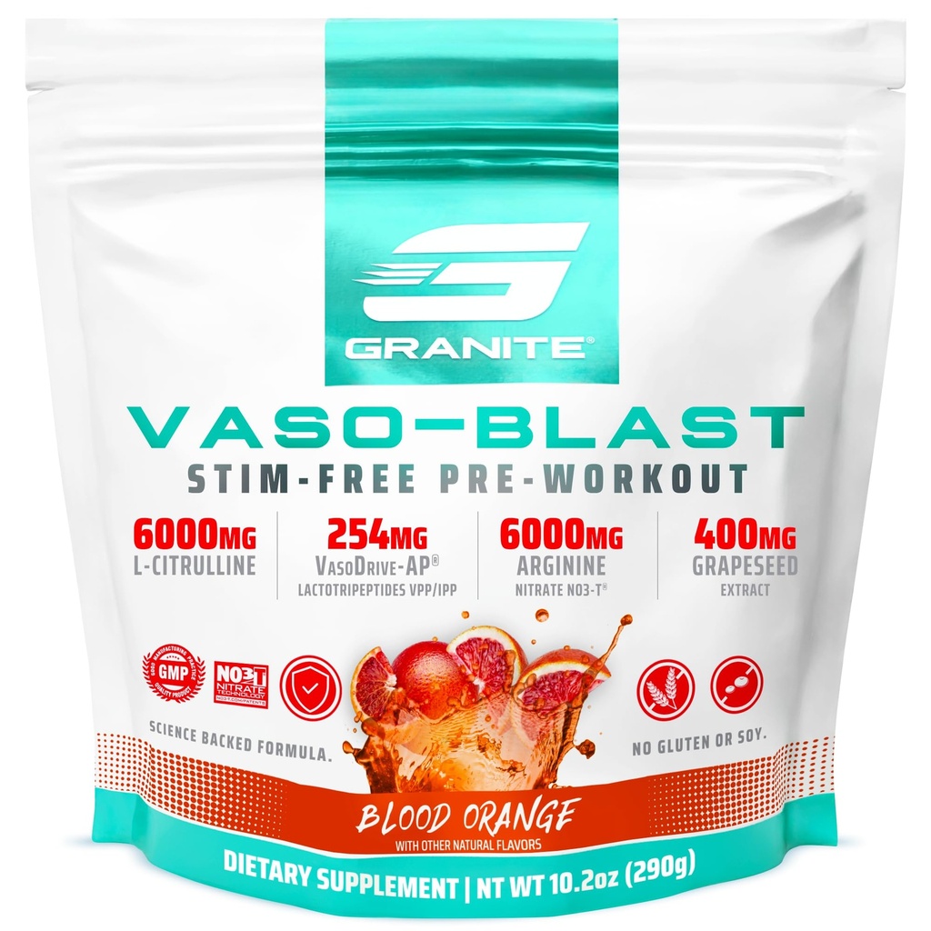 화강암 영양 Vaso 폭발 자극 자유로운 전 운동 - 펌프, Physique 및 근육 수용량을 위한 비 자극 산화 질소 지원 - 혈액 오렌지 (290g)