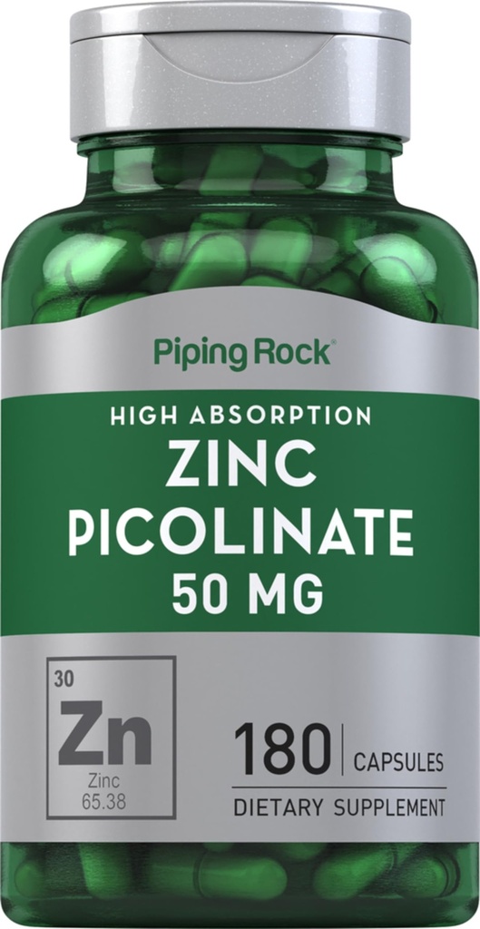 배관 바위 아연 Picolinate 50mg | 180 캡슐 | Non-GMO, 글루텐 무료 보충