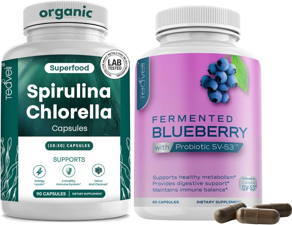 Teaveli Spirulina Chlorella와 블루 베리 캡슐