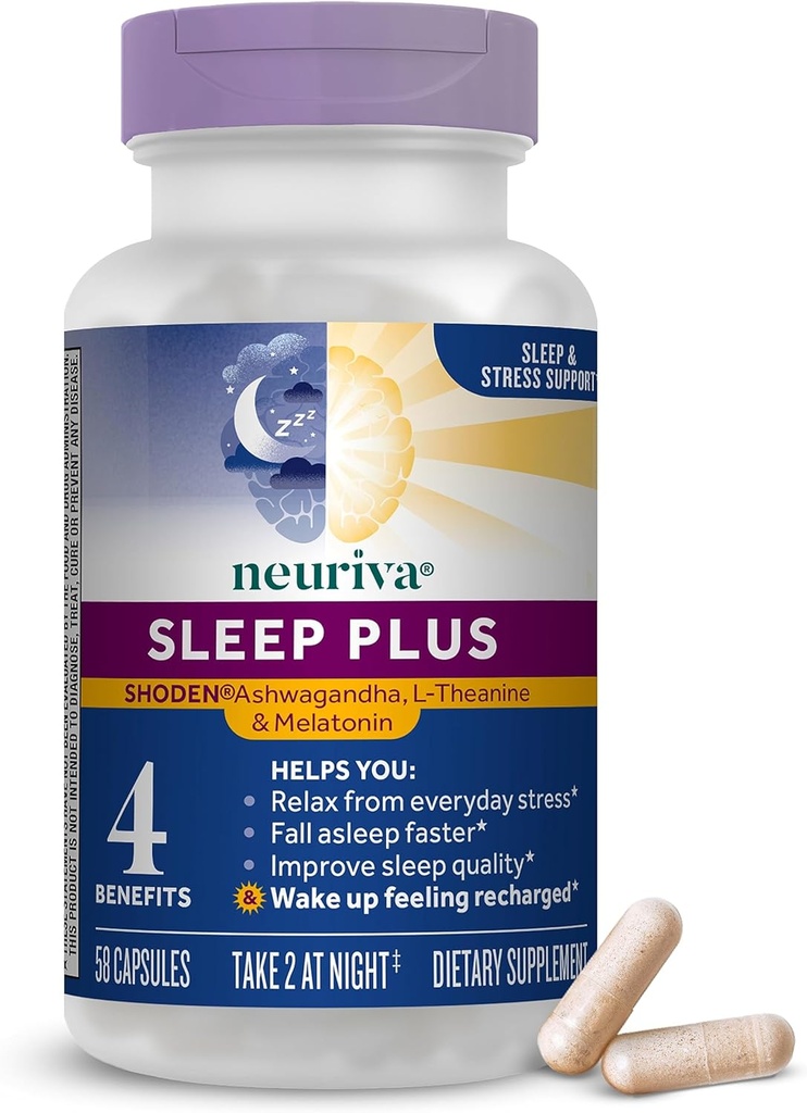 NEURIVA Sleep Plus with 4-in-1 Benefits - 임상 시험 Ashwagandha, L-Theanine & Melatonin - 스트레스 감소, 가을 수면 패스너, 수면 품질 개선, 새로 고침 *, 58ct 캡슐