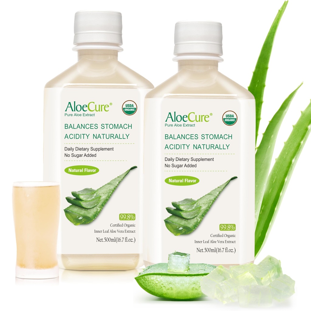 AloeCure USDA 유기 알로에 Vera 주스 Harvest의 12 시간 안에 만드는 - 소화, 면역 체계 및 균형을 잡는 Stomach 산성도, 2 x 500ml 병을 지원하는 순수한 알로에 주스 자연적인 소화 보충교재