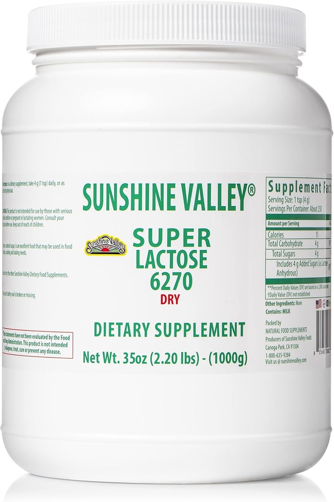 Sunshine Valley® Super Lactose Dry Powder (FREE FLOW POUR) - 천연 감미료 및 베이킹 강화제, 조리 및 식품 혼합물, 식품 안정제 및 필러를위한 가루 설탕 - 35 Oz