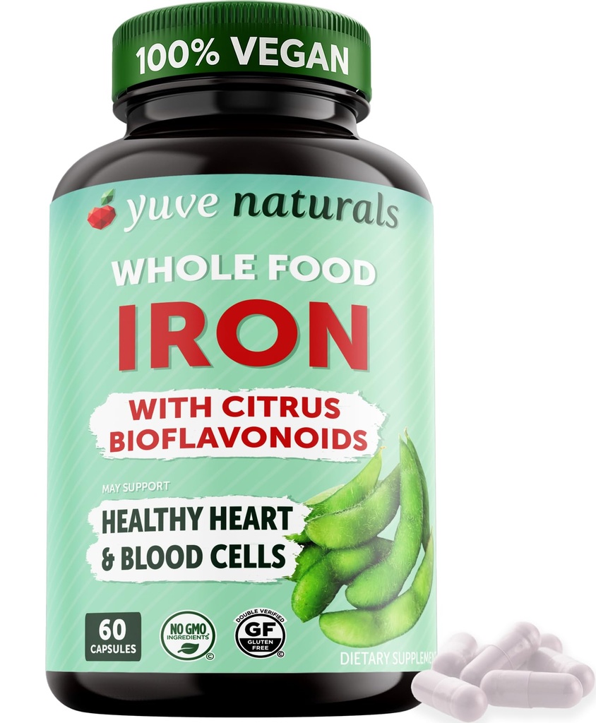 Yuve 100% Vegan 전체적인 음식 Chelated 철 보충교재 18mg – 맛없고, 비 규정식, Stomach, 에너지 지원에 Gentle – 글루텐 자유로운, 비 GMO의 60의 캡슐