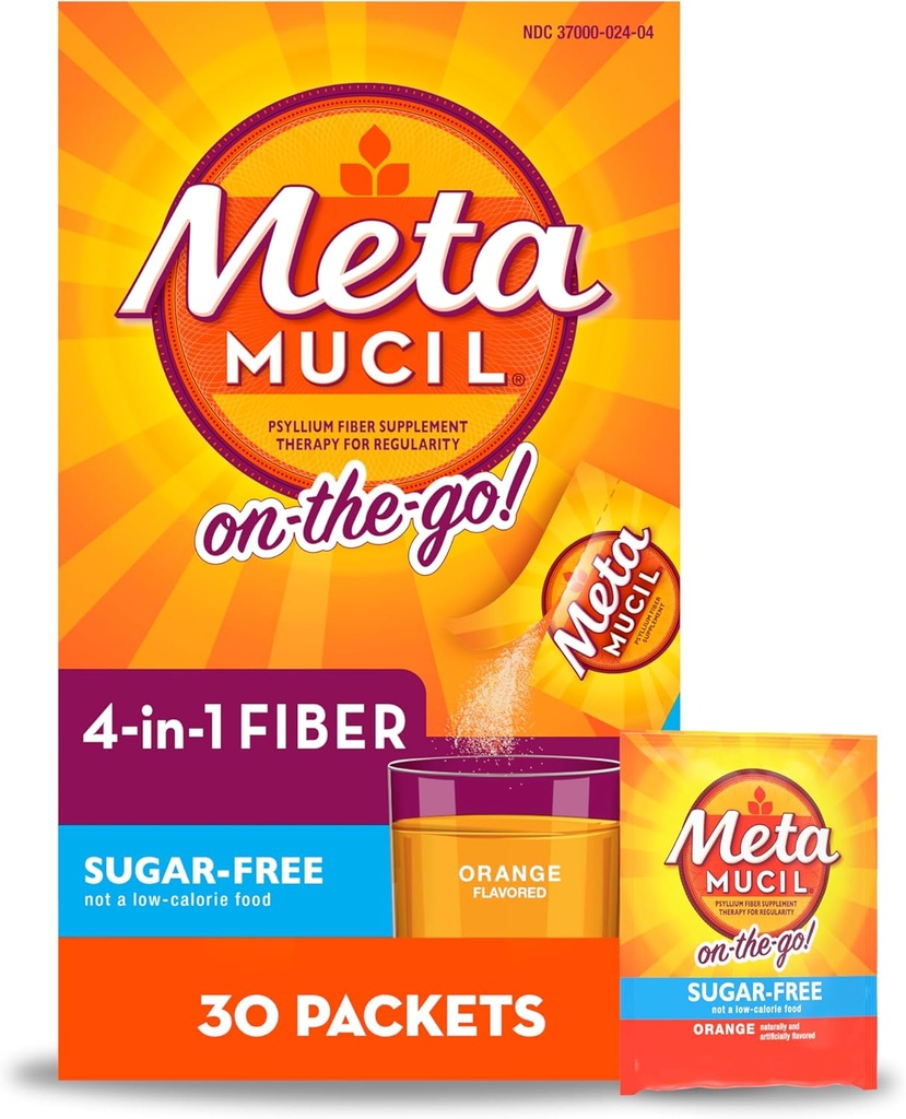 Metamucil On-The-Go, Psyllium Husk 섬유 보충, 소화 건강을 위한 4-in-1 섬유, 설탕 자유로운, 주황색 풍미, 30 조사 x 2 팩 (60 조사 합계)