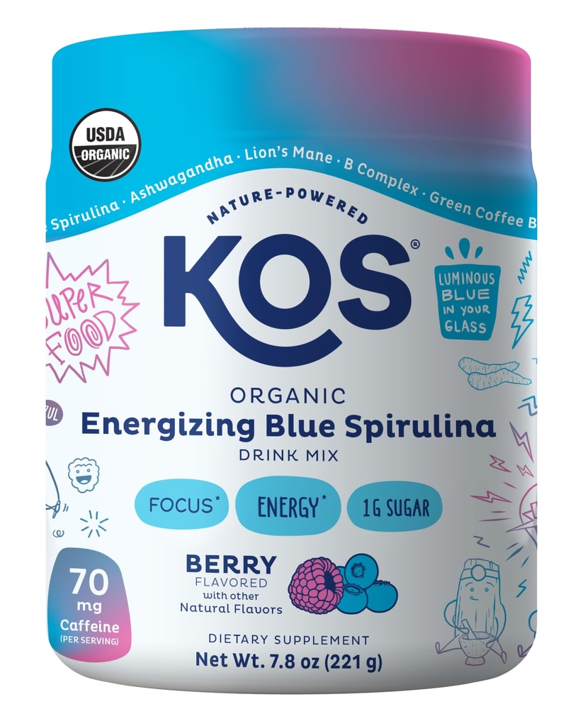 KOS Energizing Blue Spirulina Blend - USDA 인증 유기농 - B 비타민, Ashwagandha, Ginseng, Adaptogens, Biotin - Vegan Pre Workout Powder - Caffeinated, Berry flavored, 28 서빙