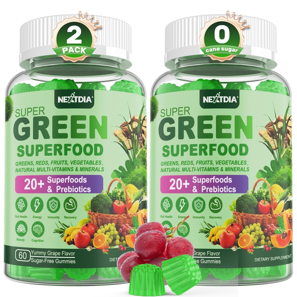 Super Greens Gummies, Greens Superfood Powder Alternative w/Spirulina, Chlorella, Prebiotic Fiber, Probiotic, Fruit Veggie, Digestive & Gut Health, Immunity, Focus, 120 Cts를위한 매일 과일 야채