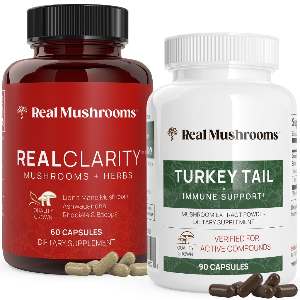 Real Mushrooms RealClarity (60ct) 및 터키 꼬리 (90ct) 캡슐 번들 - Mental Clarity, Focus & Immune 지원을위한 버섯 보충 - 베타 글루칸, 비 GMO, 검증 된 수준