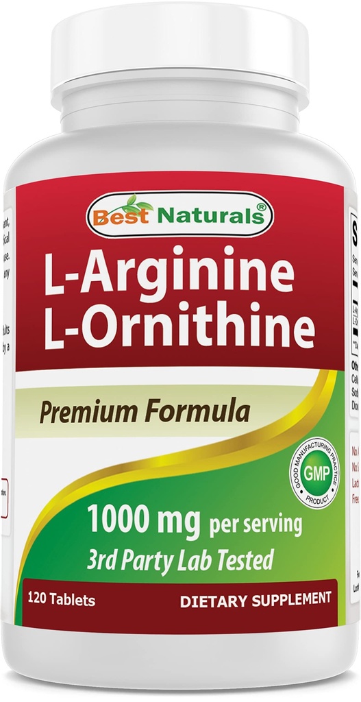 최고의 Naturals L-Arginine L-Ornithine - 1000mg / 서빙 - 120 정제 - 비 GMO 및 글루텐 무료 (120 개)