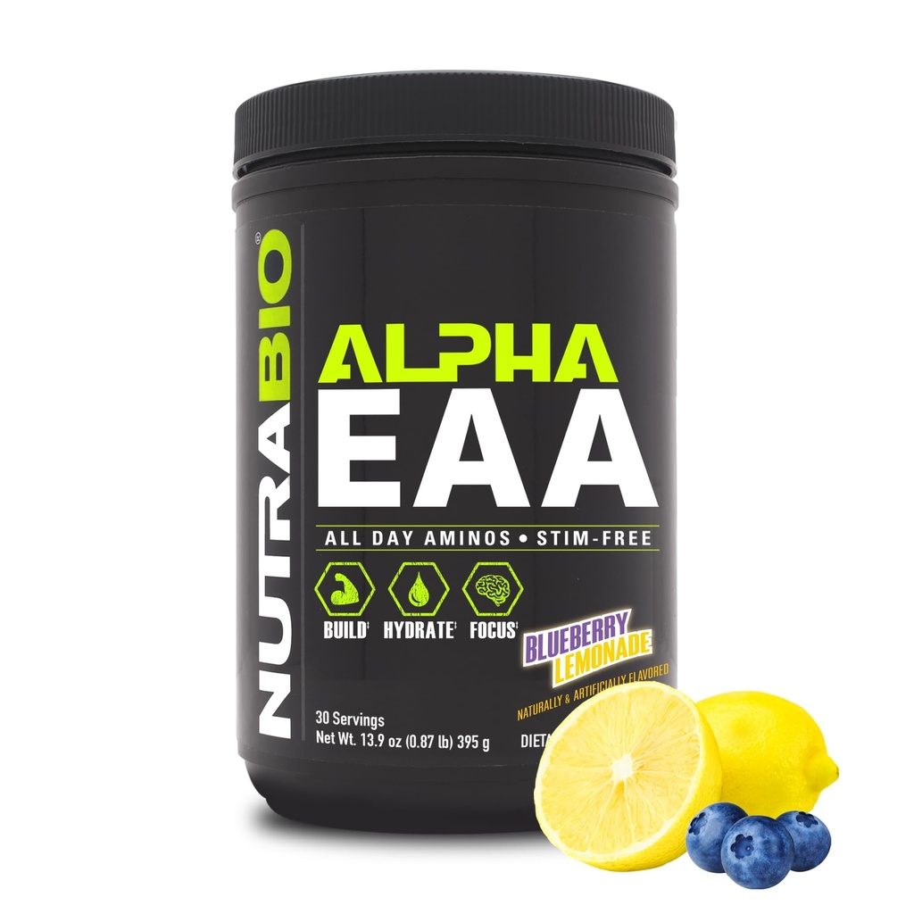 NutraBio 알파 EAA - 근육 성장을 위한 모든 일 아미노산 및 Hydration - Nootropics & Adaptogens를 가진 근본적인 아미노산 - 가득 차있는 스펙트럼 EAA BCAA 분말 - 30의 서빙 - Blueberry Lemonade