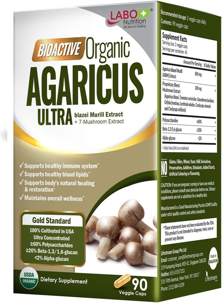 LABO 영양 생물 활성 유기 Agaricus Ultra - 7 버섯 추출물 보충교재 Agaricus blazei Murill Cordyceps, Maitake, 터키 꼬리, Lingzhi, 고급 면역 지원, USDA 유기를 위한 Shiitake