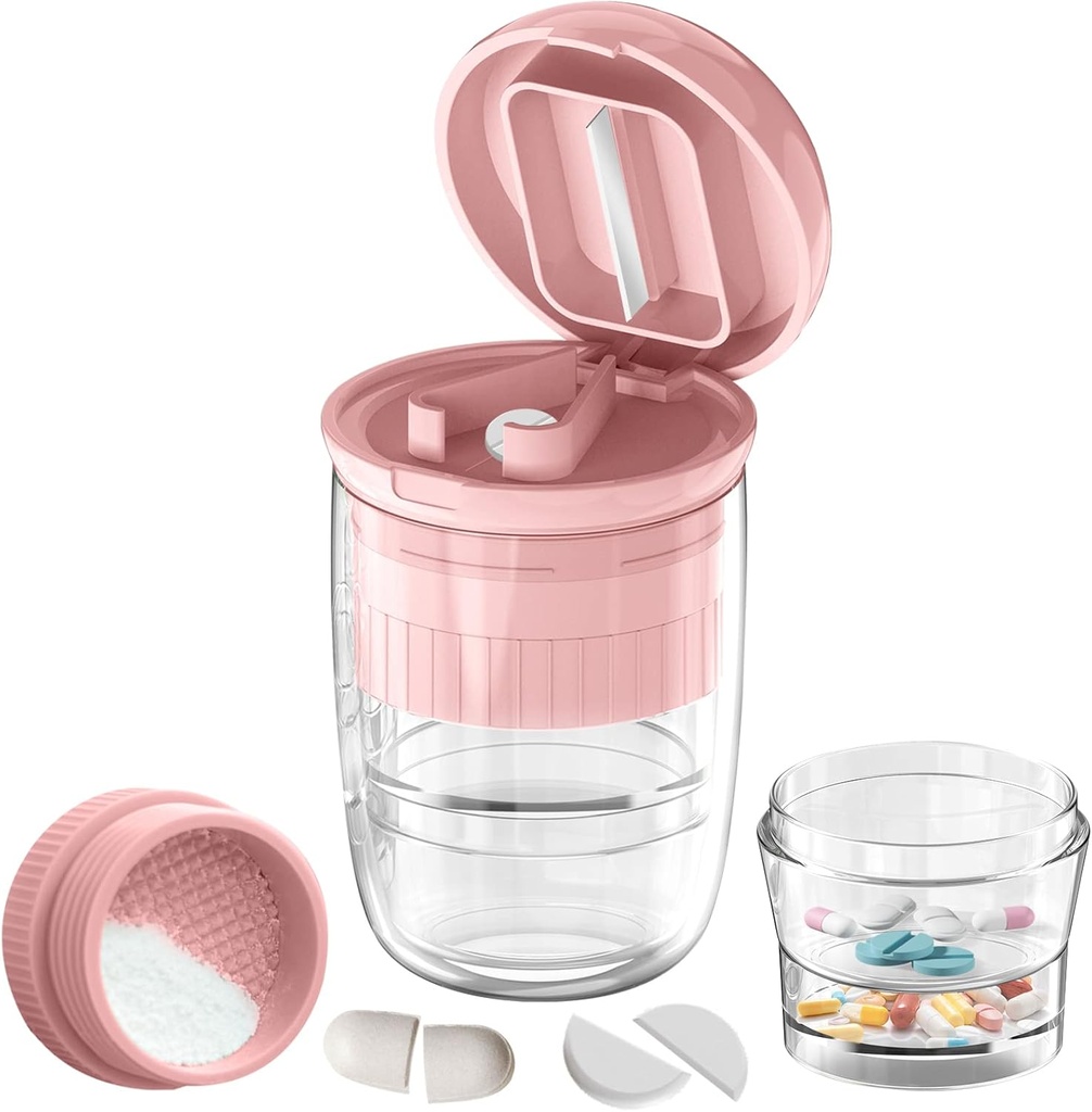 디스펜서가있는 Pill 커터 스플리터, 작은 또는 큰 알약, 크러시 알약, 비타민, 정제, 스테인레스 스틸 블레이드, 이동식 마시는 컵 (Pink-1)