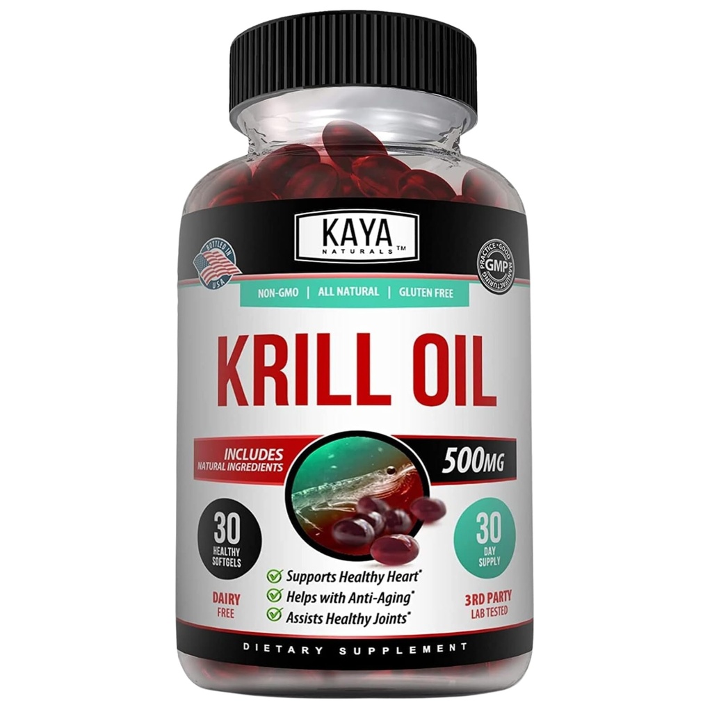 Kaya Naturals - 오메가 3, EPA, DHA, Phospholipids & Astaxanthin 보충교재를 가진 남극 크릴 기름 500mg - 뇌 & 건강 비타민 - 노화 방지 보충교재 - 30 조사 Softgels