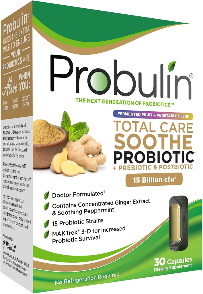 Probulin Total Care Soothe Prebiotic, Probiotic 및 Postbiotic + Ginger & Mint for Digestive Soothing - 15 억 CFU - 15 Strains - 30 개 Vegan 캡슐