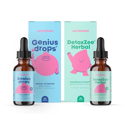 JoySpring Genius Drops & DetoxZee Herbal Bundle | 아이 비타민 자연적으로 Sourced, Non-GMO, Non-Alcoholic Liquid Formula, 면역 건강 지원 | Vegan & Vegetarian Supplements