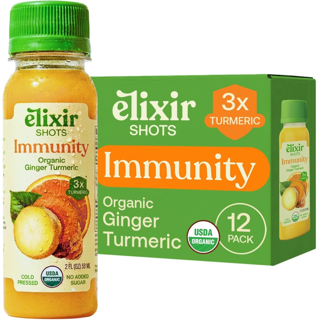 Elixir 샷, Immunity Boost Wellness Shot with Cold-Pressed Turmeric, Ginger, Orange 및 Black Pepper, 추가 설탕 또는 인공 성분, 12 팩