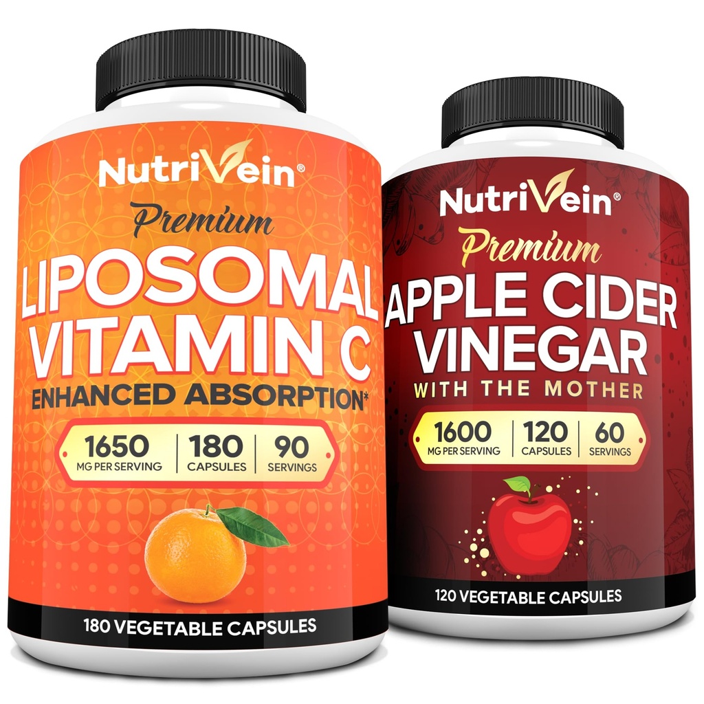Nutrivein Premium Apple Cider Vinegar 캡슐 & Liposomal 비타민 C 보충교재 뭉치: 높은 흡수 비타민 C 캡슐 & Apple Cider Vinegar 보충물 Immune 방위 & Gut 건강을 위한 뭉치