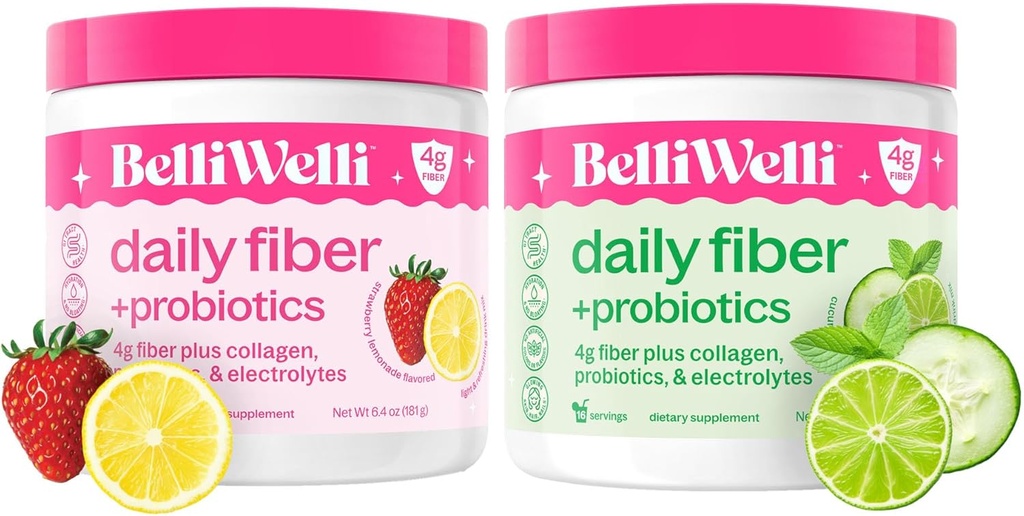 Belli Welli Daily Fiber Supplement Duo - Strawberry Lemonade & Cucumber Lime Mint - Collagen, Probiotics & Electrolytes - 균형 잡힌 웰빙을위한 새로 고침 맛 - 32 총 서빙