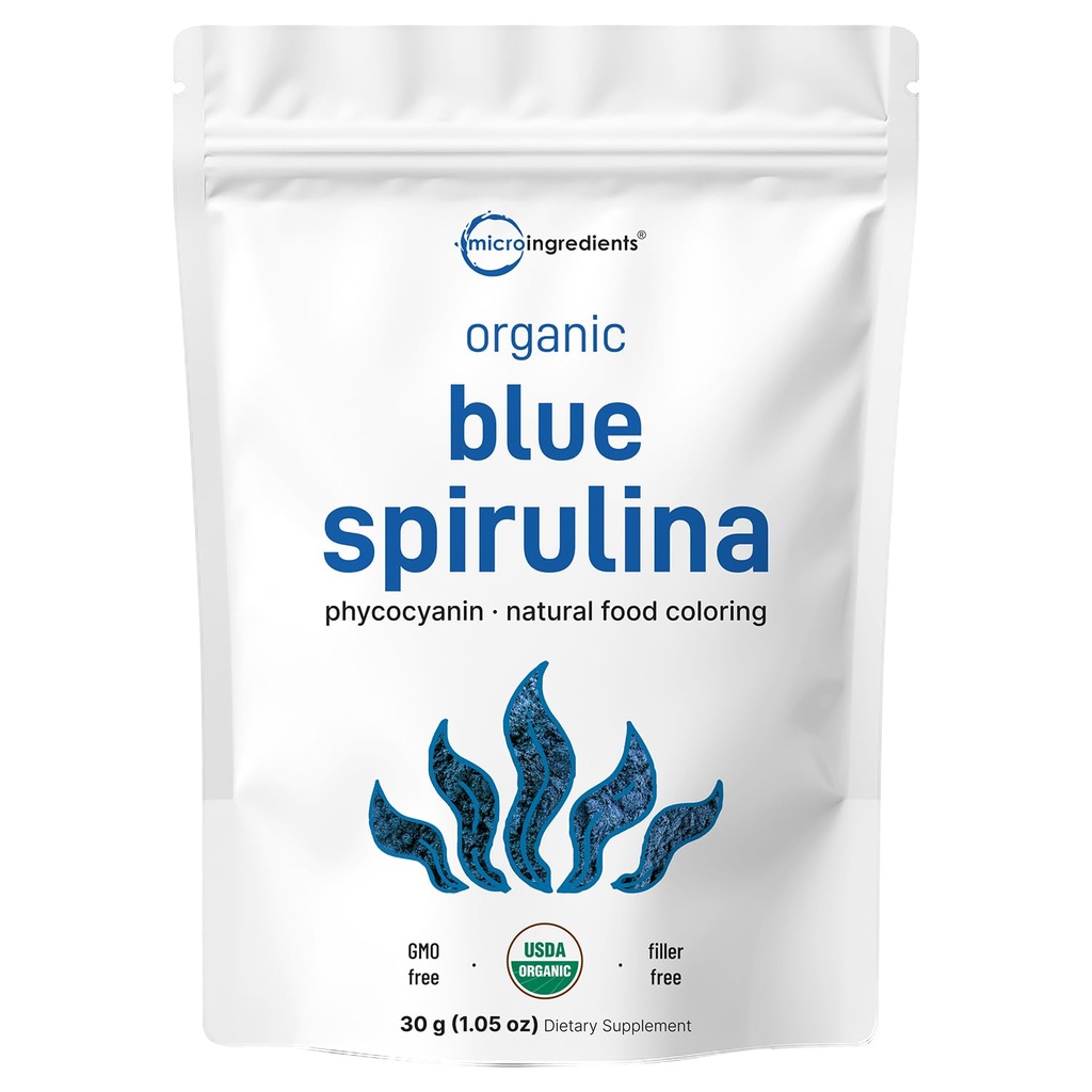 유기 블루 Spirulina 분말 (Phycocyanin 추출 물), 30 서빙 - 물고기 냄새 없음, 블루 그린 조류에서 100 % Vegan Protein, 부드러운, 베이킹, 음료 및 요리에 대한 천연 발광 식품 착색