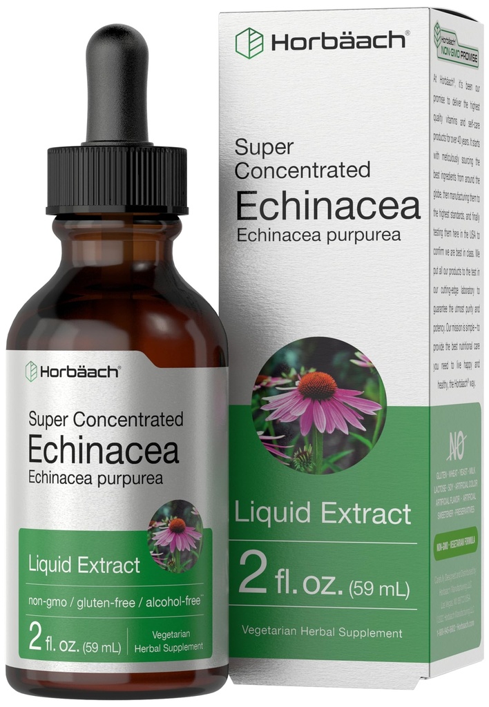 Horbaach Echinacea Drops Herb Tincture | 2 fl oz | 슈퍼 농축 된 루트 추출 | 알코올 무료 액체 | 채식주의, 비 GMO 및 글루텐 무료 보충