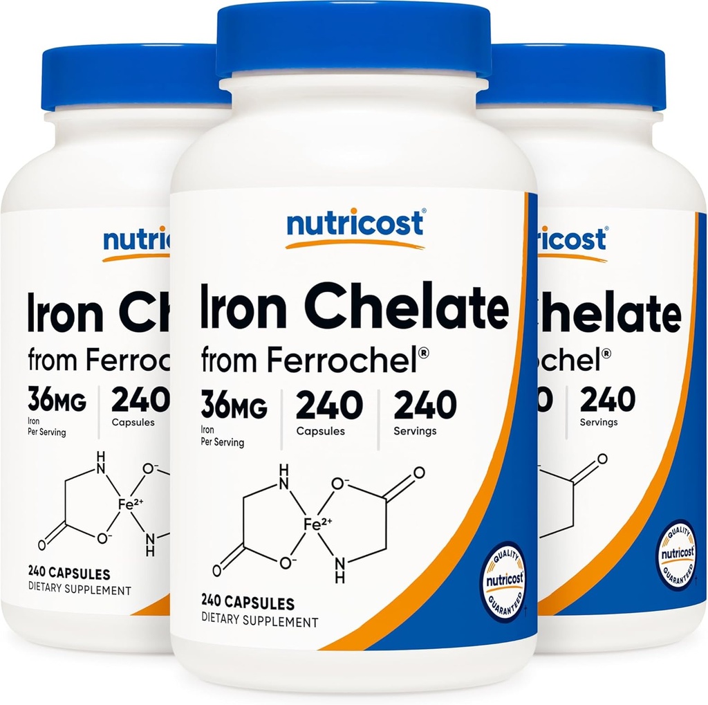 Nutricost Chelated 철, Ferrochel, 36mg, 240 캡슐 (3 병)