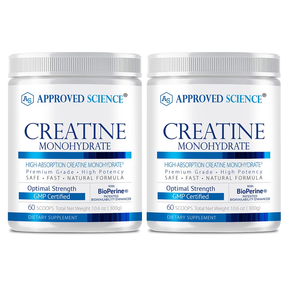 BioPerine을 가진 승인 된 과학 크레아틴 Monohydrate 분말 - 운동 지원 - 120 서빙 - 5g 서빙 - Unflavored - 2 팩 - Non-GMO, Vegan