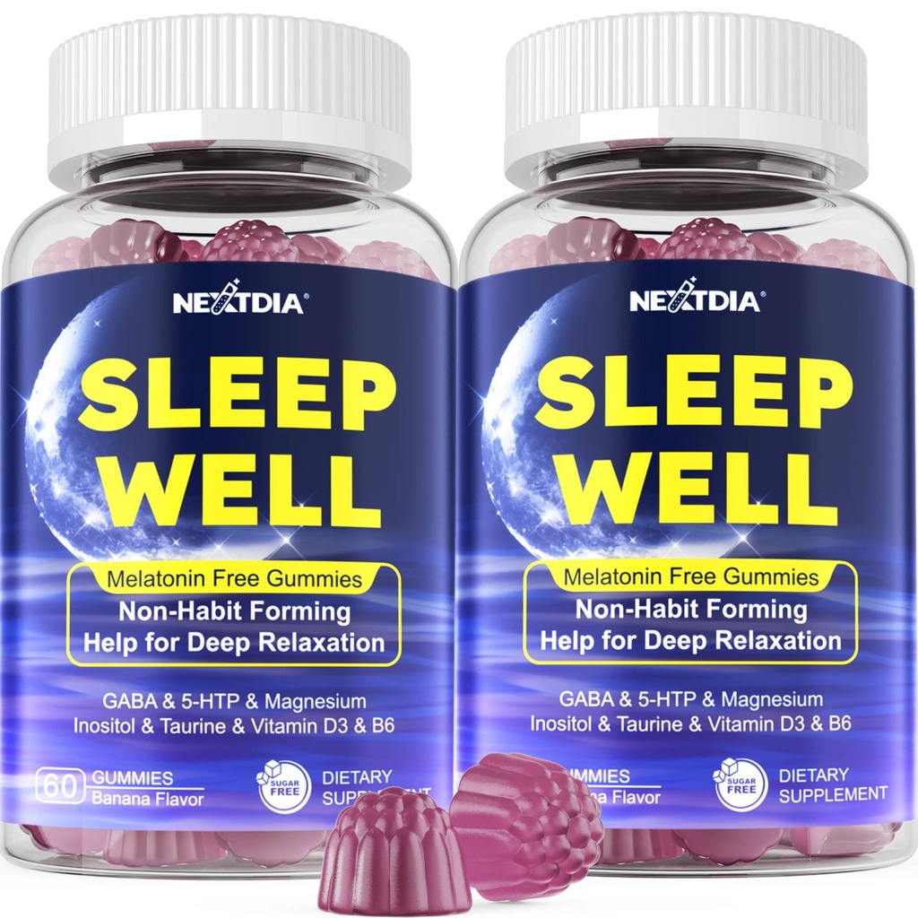 Melatonin 마그네슘 글리세라이드, GABA, 5-HTP, L-Theanine, Valerian, Chamomile, Lemon Balm, 비타민 D3 & B6와 함께 무료 수면 구미 - 호르몬 및 약물 - 무료, Non-Habit 성형, 2 팩