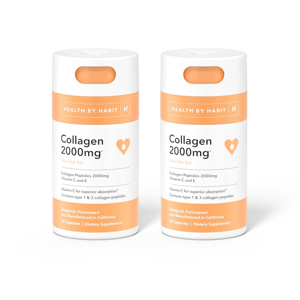 Habit Collagen 보충교재 2 팩 (120의 캡슐)에 의하여 건강 - 비타민 C & 비타민 E, 2000mg의 교원질 펩티드, 우량한 흡수, 지원 당신의 피부, 비 GMO, 설탕 자유로운 (2 팩)