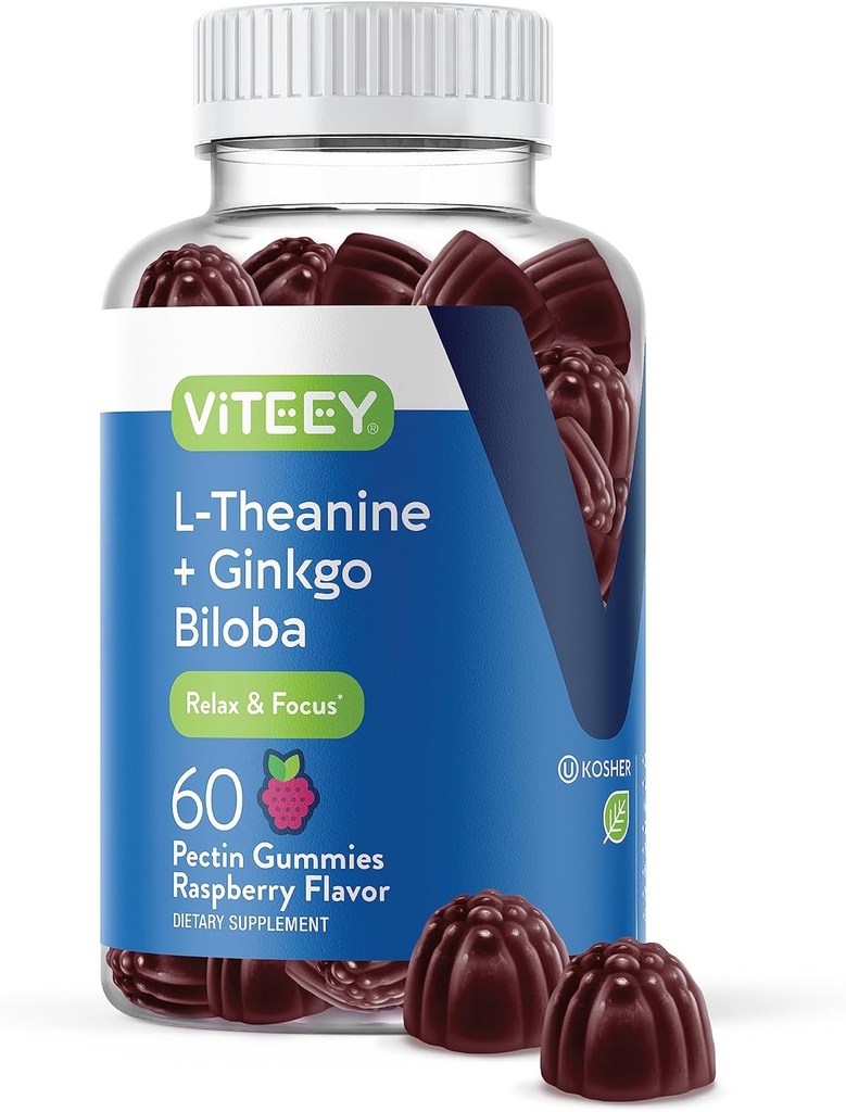 Viteey L-Theanine Gummies with Ginkgo Biloba for Adults - 초점 및 휴식에 도움, Mood 개선 - 비 GMO, 젤라틴 무료, Vegan, 글루텐 무료, 자연적으로 Sourced Chewable Tasty Raspberry flavored Gummy