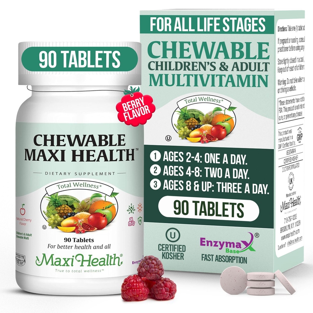 Maxi Health Chewable Multivitamin for Kids, 청소년 및 성인 - 성인 및 어린이를위한 Cherry Chewable Vitamin - Kosher Kids Multivitamin + Iron (90 태블릿)