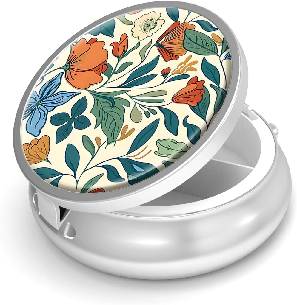 Pill Box-3 Compartment Purse & Pocket Mini Metal Pill Holder Travel Pill Container를 위한 작은 알약 케이스는 비타민 BPA-Free (Floral Pattern)를 보유합니다.