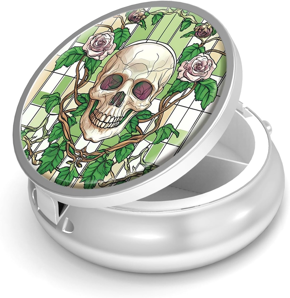 Pill Box-3 Compartment Purse & Pocket Mini Metal Pill Holder Travel Pill Container를 위한 작은 알약 케이스는 비타민 BPA-Free (Skull 및 Rose)를 보유합니다.