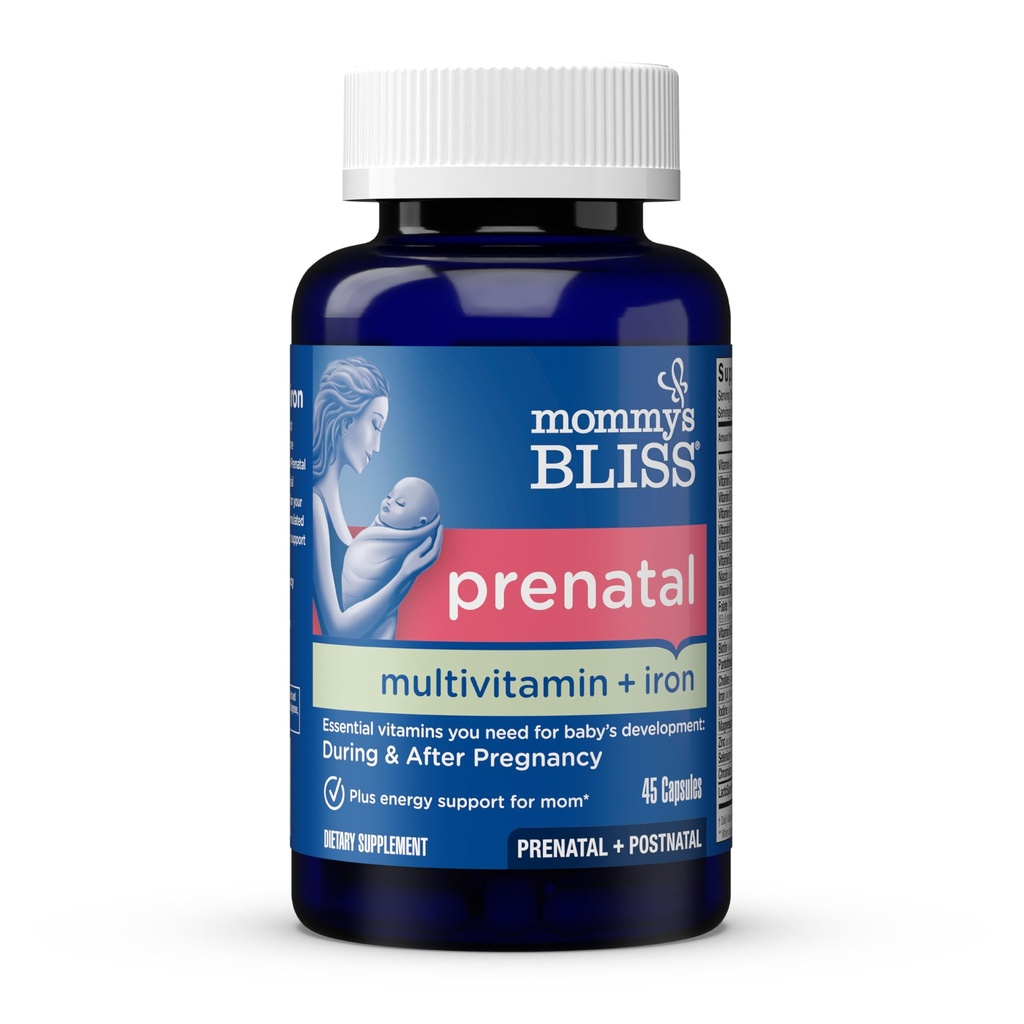 Mommy's Bliss Prenatal Multivitamin with Iron and Folic Acid, 지원 아기 개발 + 엄마 면역 체계 & 에너지 레벨 w / B 비타민 & Probiotics, Vegan & 글루텐 무료 (45 인분)