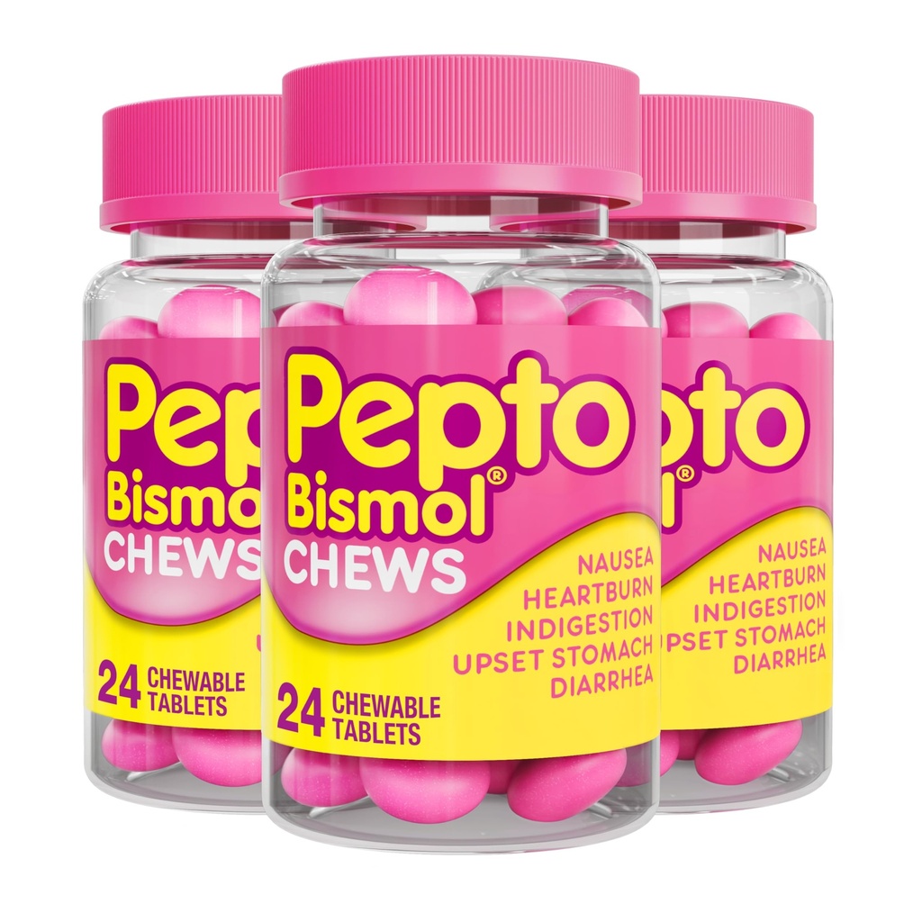 Pepto Bismol Chews, Nausea, Heartburn, Indigestion, Upset Stomach, Diarrhea, 72 총 (3 팩 24)에서 빠르고 효과적인 소화 구호