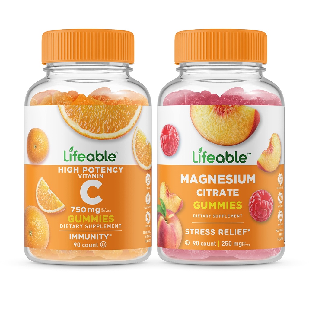 Lifeable 비타민 C 750mg + 마그네슘 85mg, Gummies 번들 - 훌륭한 타스팅, 비타민 보충, 글루텐 무료, GMO 무료, Chewable Gummy
