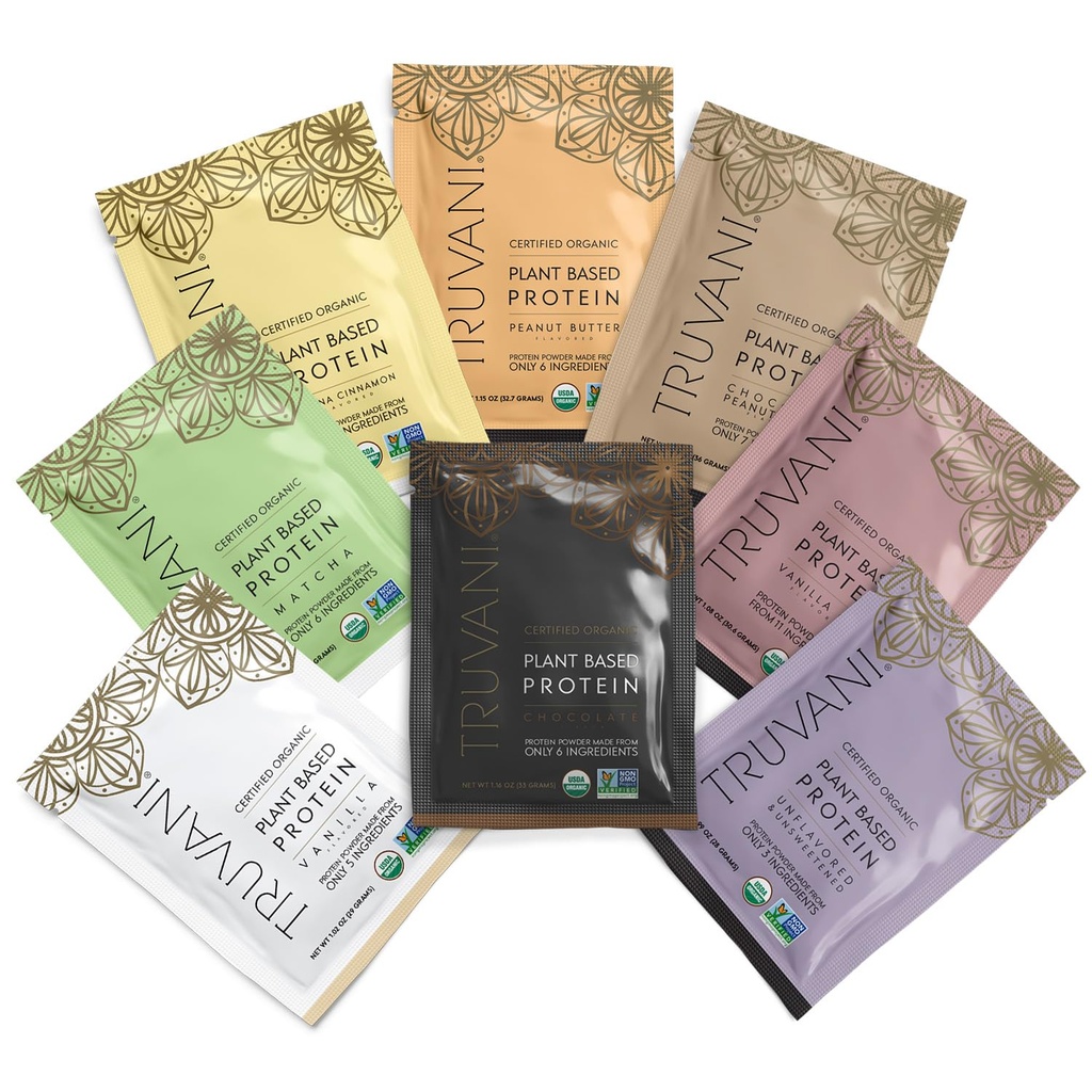 Truvani Vegan Pea Protein Powder | 샘플 팩 | 20g 유기농 플랜트 기반 단백질 | 8 싱글 서빙 패킷 | Keto | 글루텐 & 낙농 무료 | 저탄소 | 추가 설탕