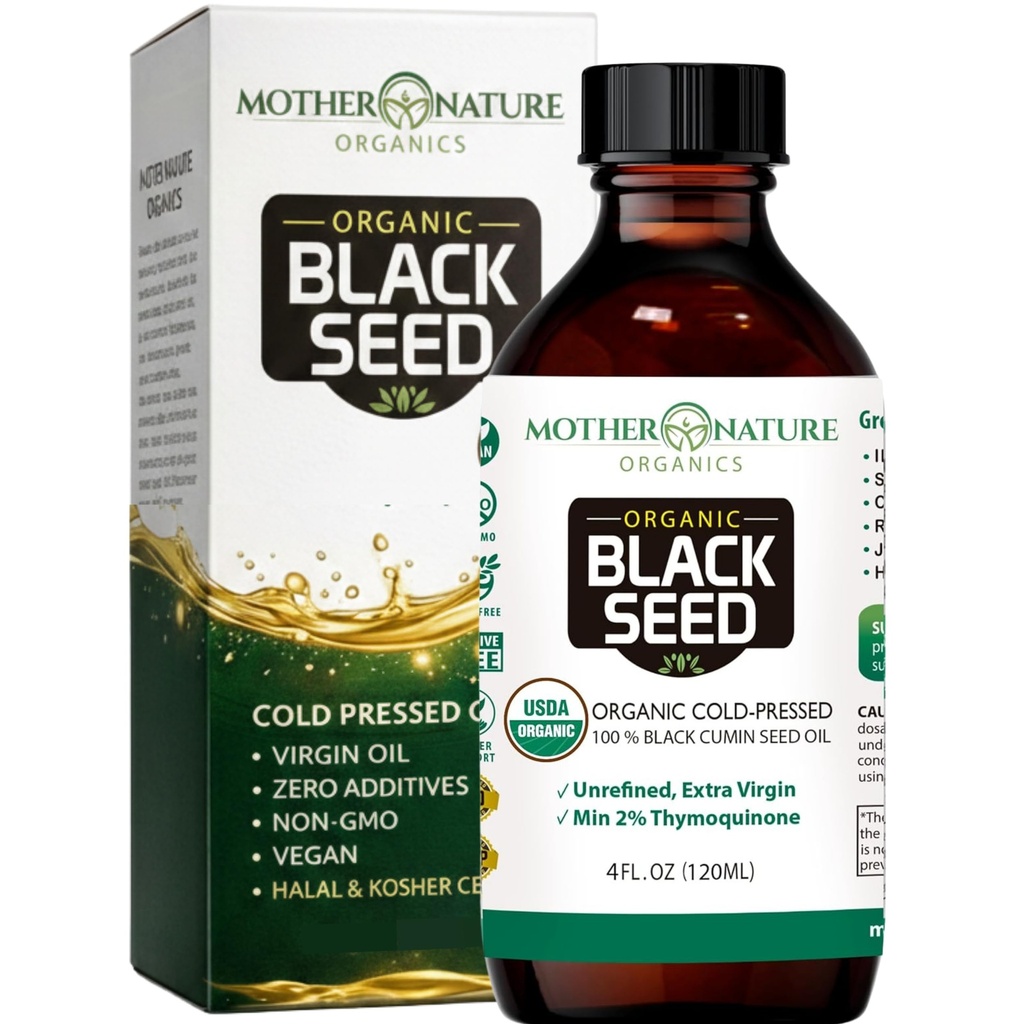 Mother Nature USDA Organic Black Seed Oil - 냉간 프레스, Unrefined & Vegan Nigella Sativa, 높은 Thymoquinone (2%+), 오메가 3 6 9 Immune, 관절 및 심장 지원, 헤어 & 스킨, 비 GMO, 4oz