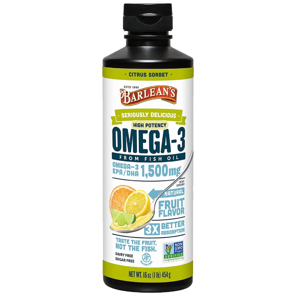 Barlean의 Citrus Sorbet 높은 Potency Omega 3 물고기 기름 액체 보충교재, EPA & DHA 지방산의 1500mg, 뇌, 합동, & 심장 건강, 16 oz를 위한 매끄러운 맛있고 & Burpless
