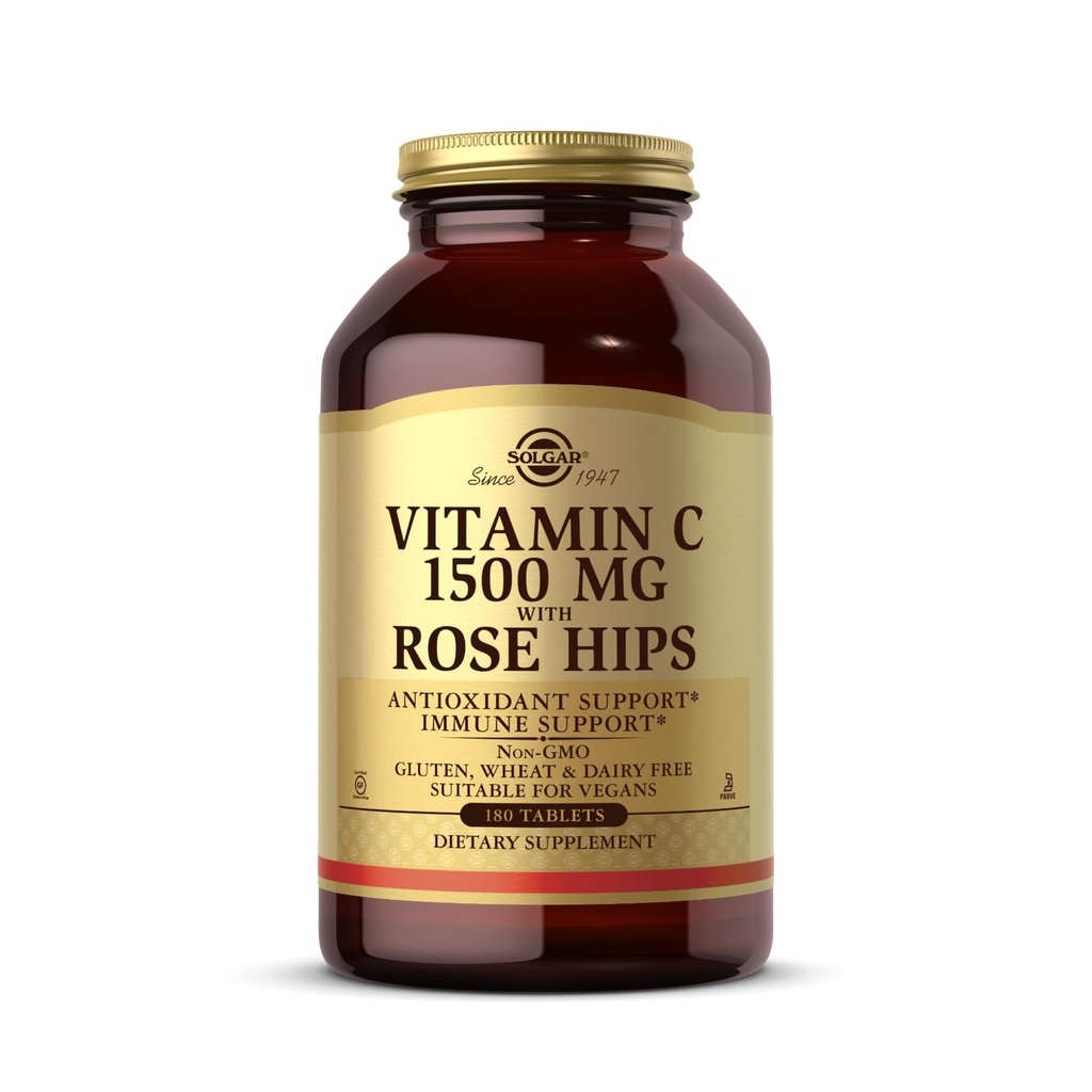 Solgar Vitamin C 1500 mg with Rose Hips, 180 정제 - 산화 방지제 및 면역 지원 - 전반적인 건강 - 건강한 피부 및 관절 지원 - 비 GMO, Vegan, 글루텐 무료, Dairy Free, Kosher - 180 서빙