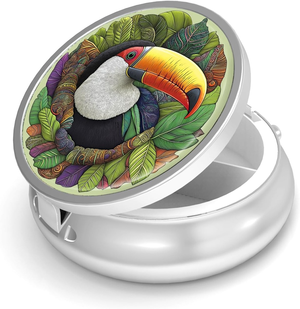 Pill Box-3 Compartment Purse & Pocket Mini Metal Pill Holder Travel Pill Container를 위한 작은 알약 케이스는 비타민 BPA-Free (Toucan)를 보유합니다