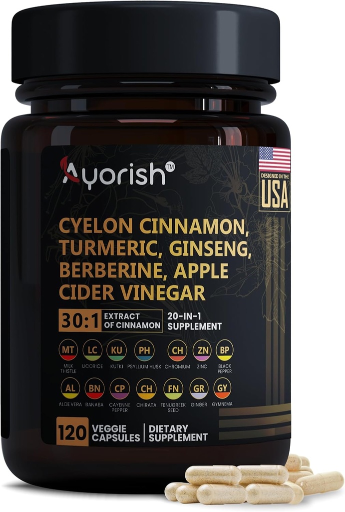 Ceylon Cinnamon 캡슐 30 : 1 9000mg에 해당하는 추출물 | Turmeric, Ginseng, Apple Cider Vinegar Berberine Plus Bitter Melon Gymnema, Kutki, Chirata 120 Veg 캡슐 - 60 일 공급