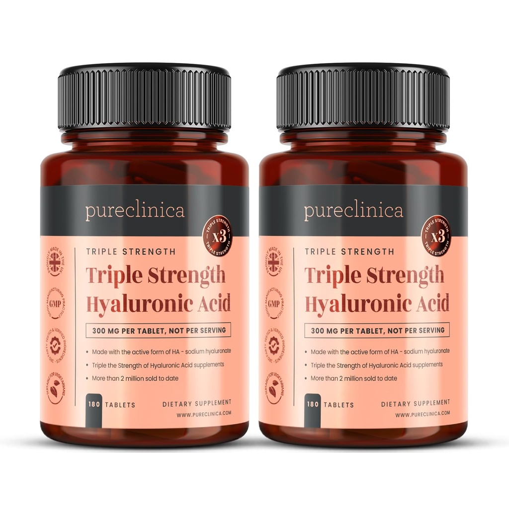 Pureclinica Hyaluronic 산 300mg x 360의 정제 (180-12 달 공급의 2개의 병). 세 배 힘 Hyaluronic 산. 다른 어떤 HLA 정제 보다는 더 강한 300%.