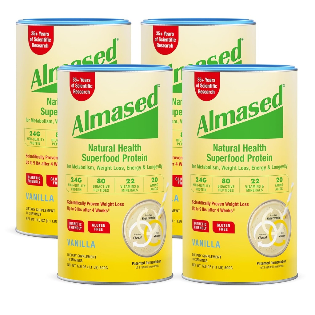 Almased 바닐라 식사 보충 Shake - 낮은 글리세라이드 높은 식물 기본적인 단백질 분말 영양 무게 건강 지원 보충교재 - 바닐라 풍미 - 17.6 oz (1.1 파운드 (4 팩)