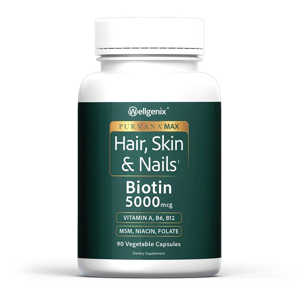 Wellgenix Purvana 최대 머리, 피부 & 못 비타민: 강화한 머리 성장을 위한 Biotin 5000mcg, 여자 & 남자를 위한 탈모 예방, 포스트 Partum & PCOS를 위한 이상, 90의 조사, 1의 팩